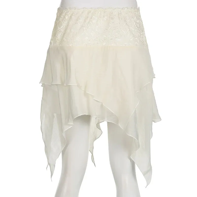 Fairycore Y2K Boho Frill Low Waist Mesh Skirt Women Vintage Outfits Irregular Summer Mini Skirts Lace Trim Vacation