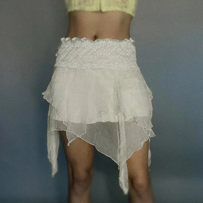 Fairycore Y2K Boho Frill Low Waist Mesh Skirt Women Vintage Outfits Irregular Summer Mini Skirts Lace Trim Vacation