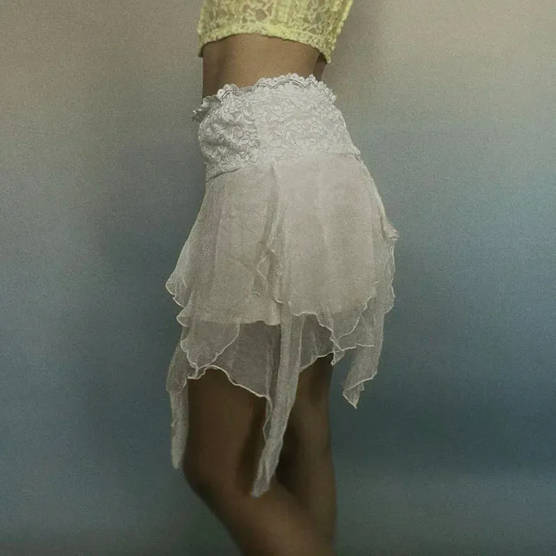 Fairycore Y2K Boho Frill Low Waist Mesh Skirt Women Vintage Outfits Irregular Summer Mini Skirts Lace Trim Vacation