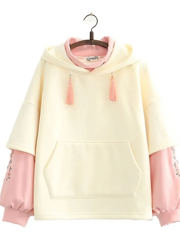 Floral Embroidery Patchwork Fleece Women Hoodies Winter Thick Drawstring Hooded Sweatshirt Female Plus Velvet Pullovers