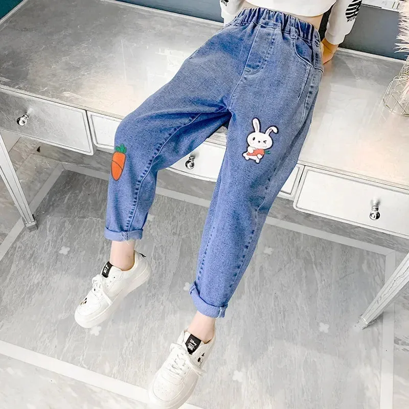 Girls Jeans Kids Cartoon Print Elastic Waist Denim Pant 2024 Spring Fall 3 To 12Yrs Teenagers Trousers Children's Cotton Clothes