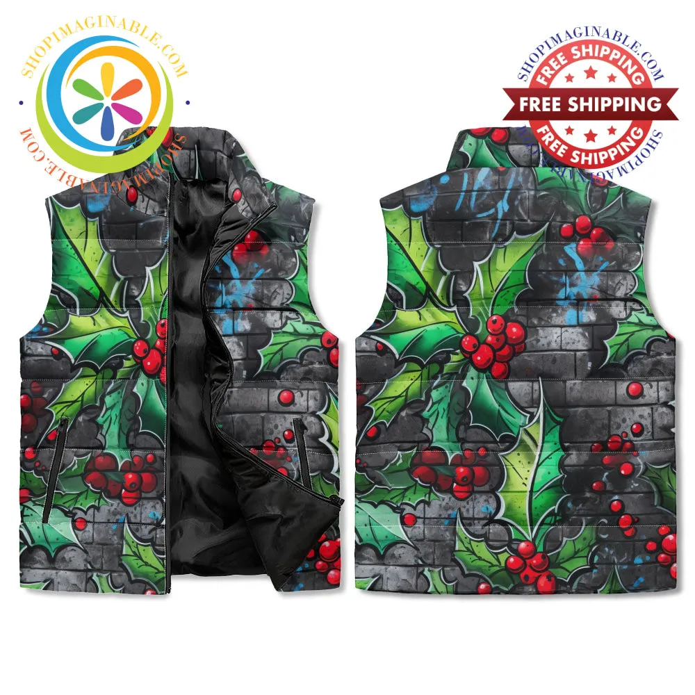 Holiday Graffiti Holly Unisex Zip Up Puffer Vest