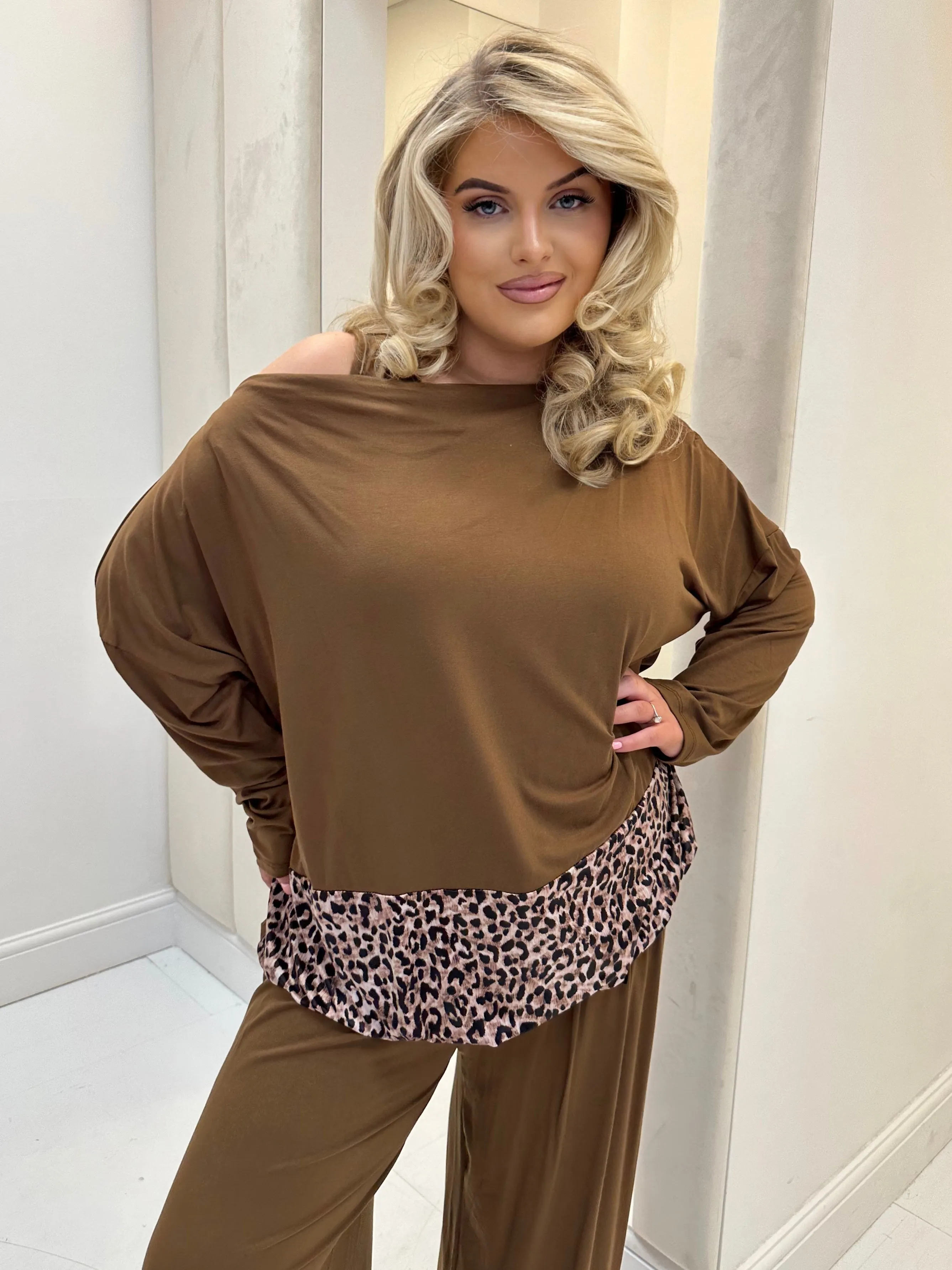 Hollyanna Curve Tan Leopard Print Cowl Neck Jersey Drawstring Co-Ord