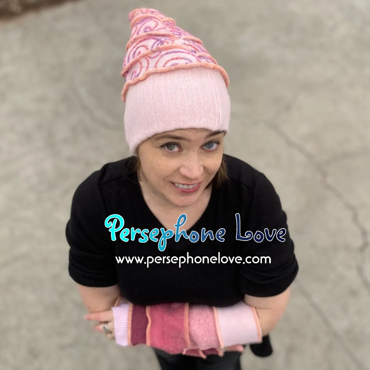 Katwise inspired peach rose silly-string recycled patchwork sweater pixie elf wizard hat-1391
