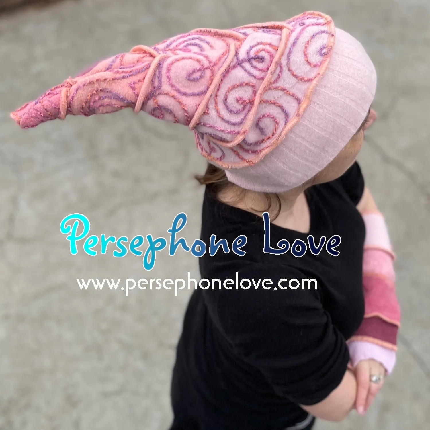Katwise inspired peach rose silly-string recycled patchwork sweater pixie elf wizard hat-1391