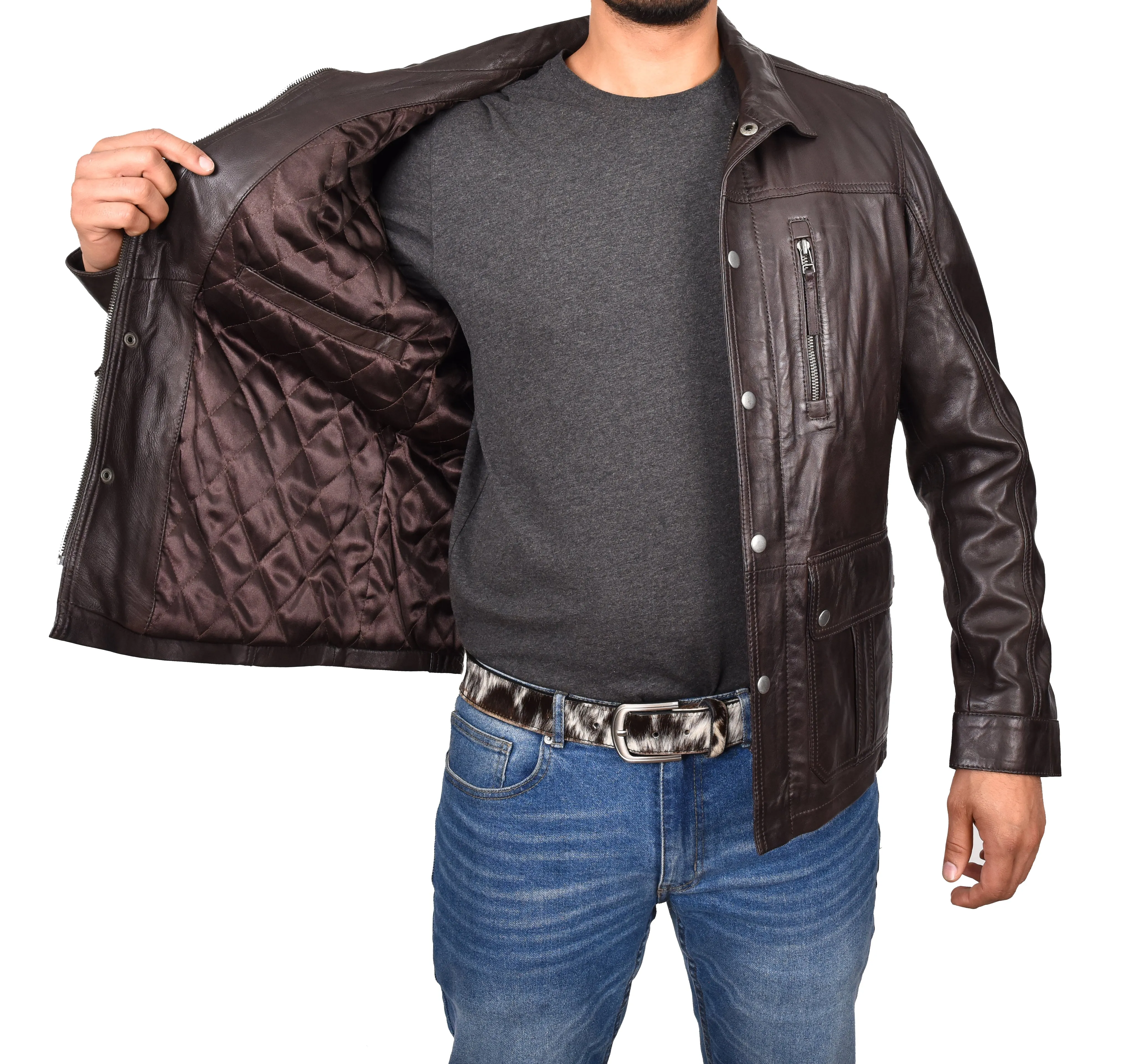 Men’s Leather Safari Style Jacket Gents Hunter Coat Brown Torok