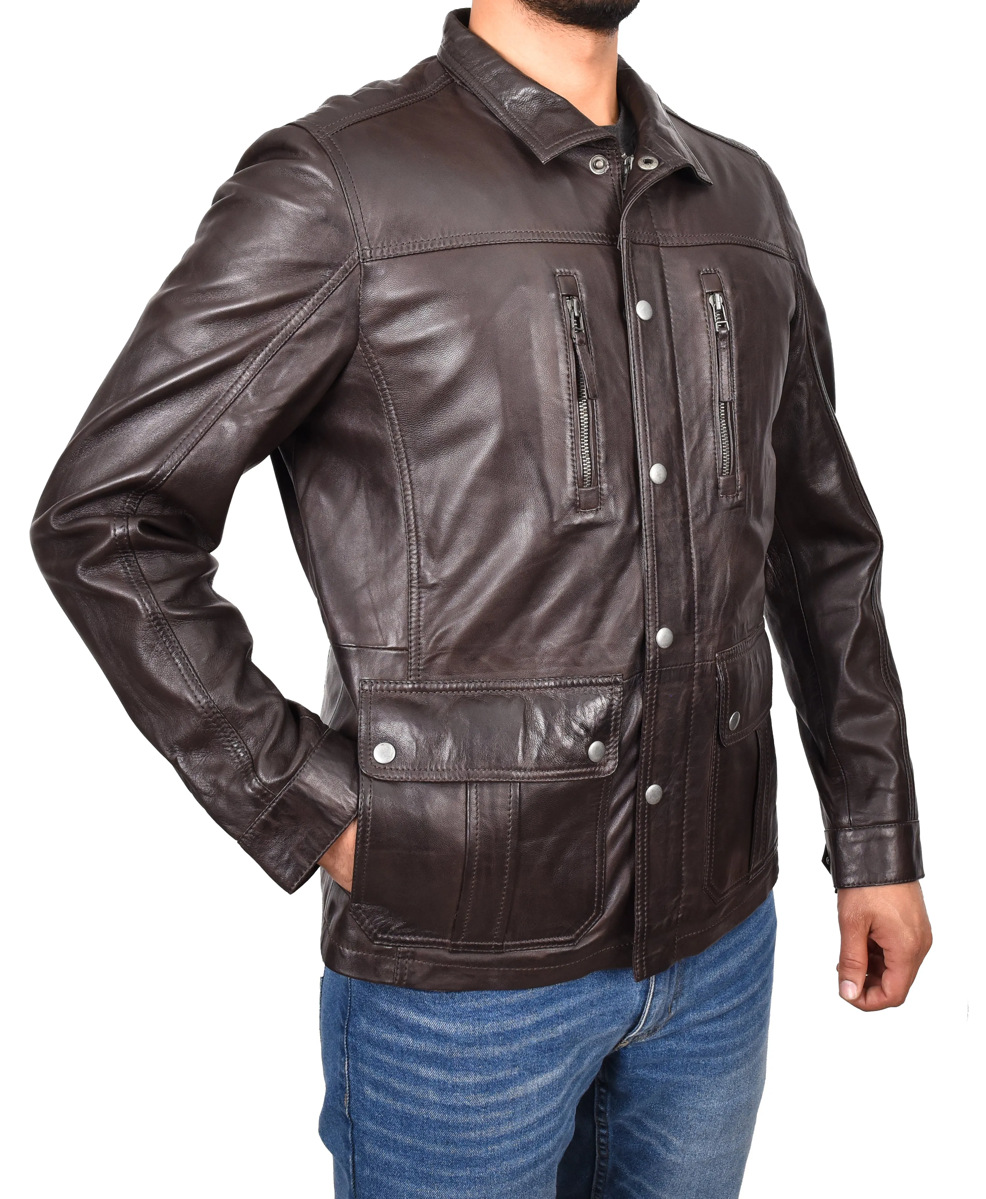 Men’s Leather Safari Style Jacket Gents Hunter Coat Brown Torok