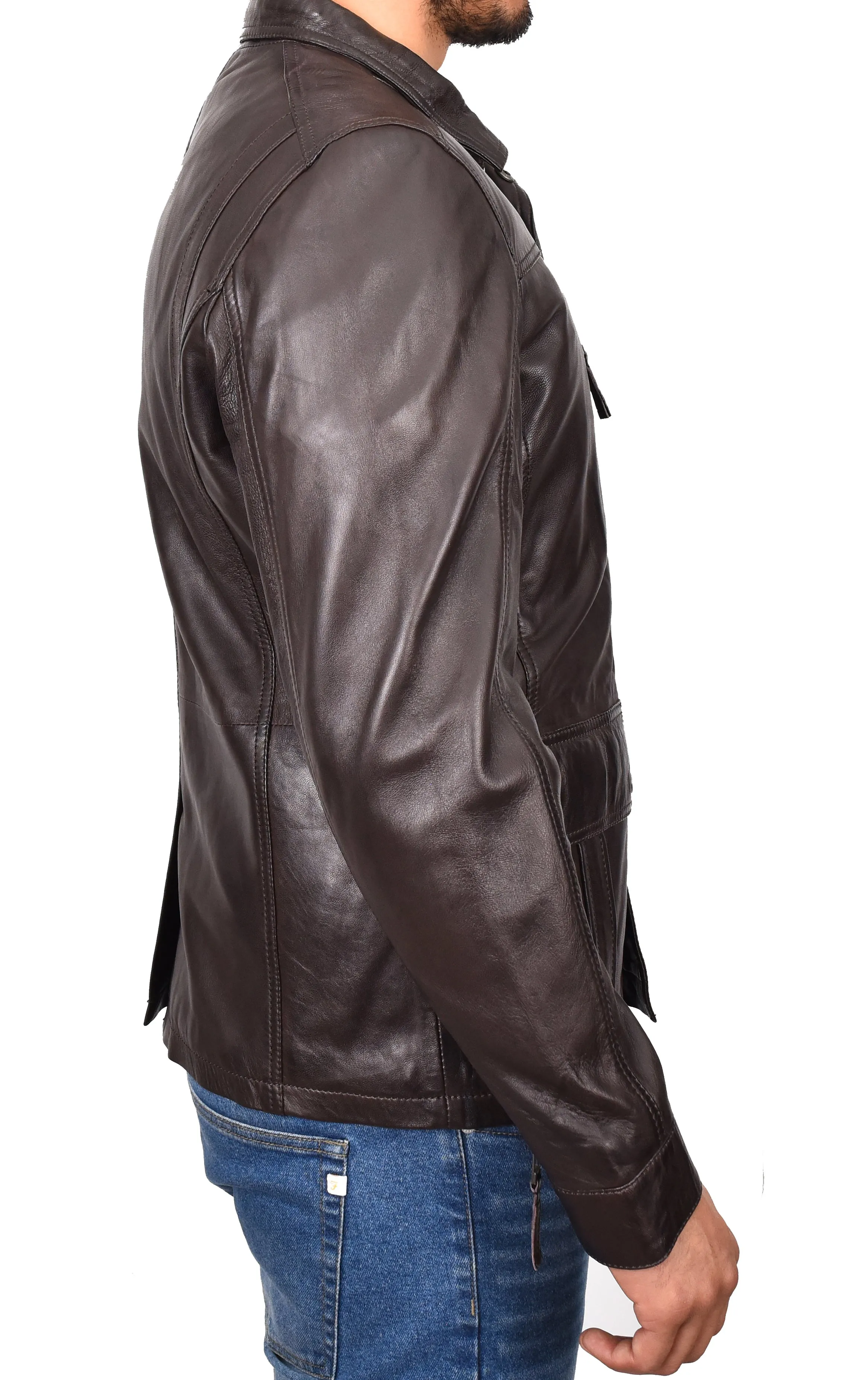 Men’s Leather Safari Style Jacket Gents Hunter Coat Brown Torok