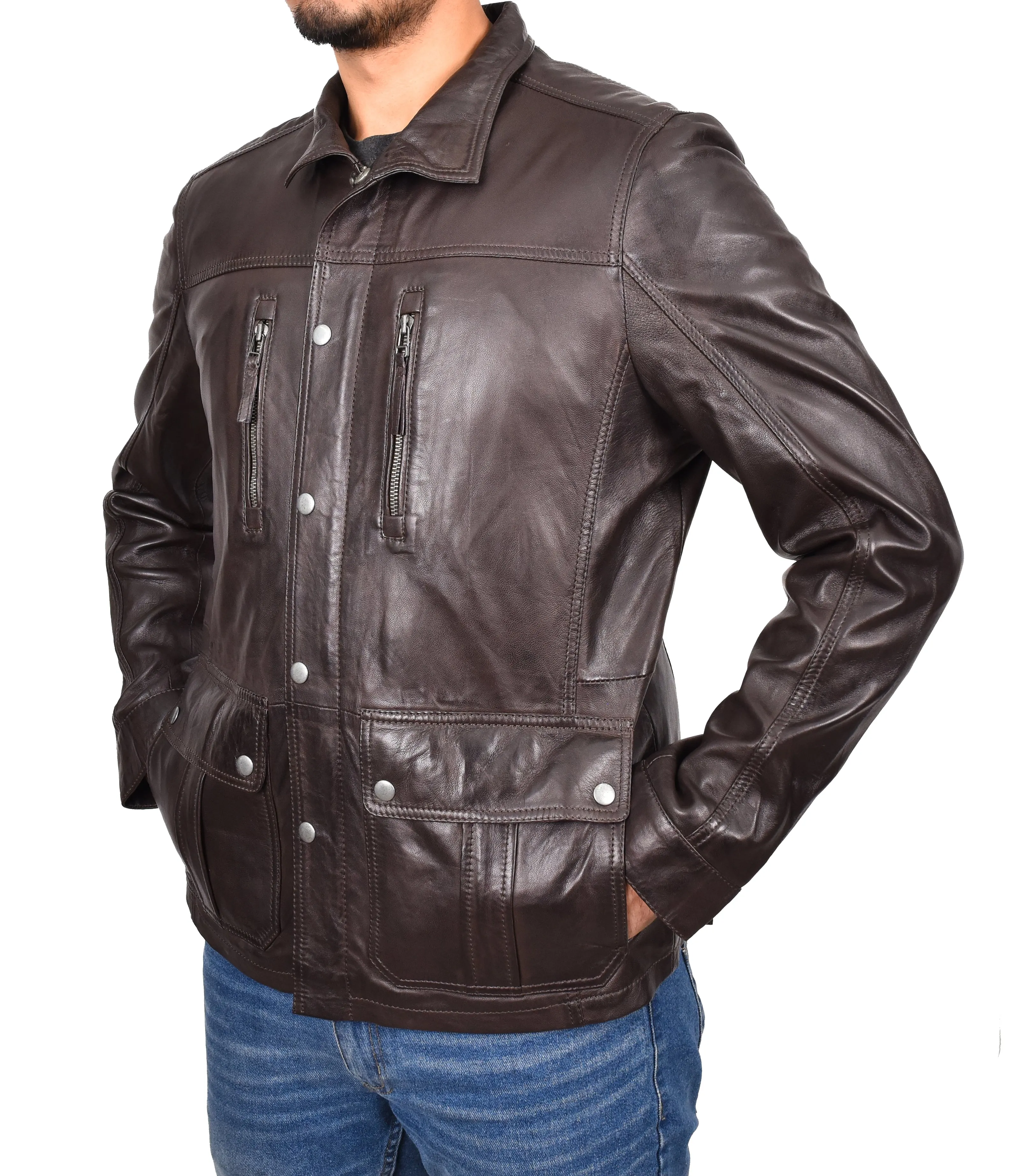 Men’s Leather Safari Style Jacket Gents Hunter Coat Brown Torok