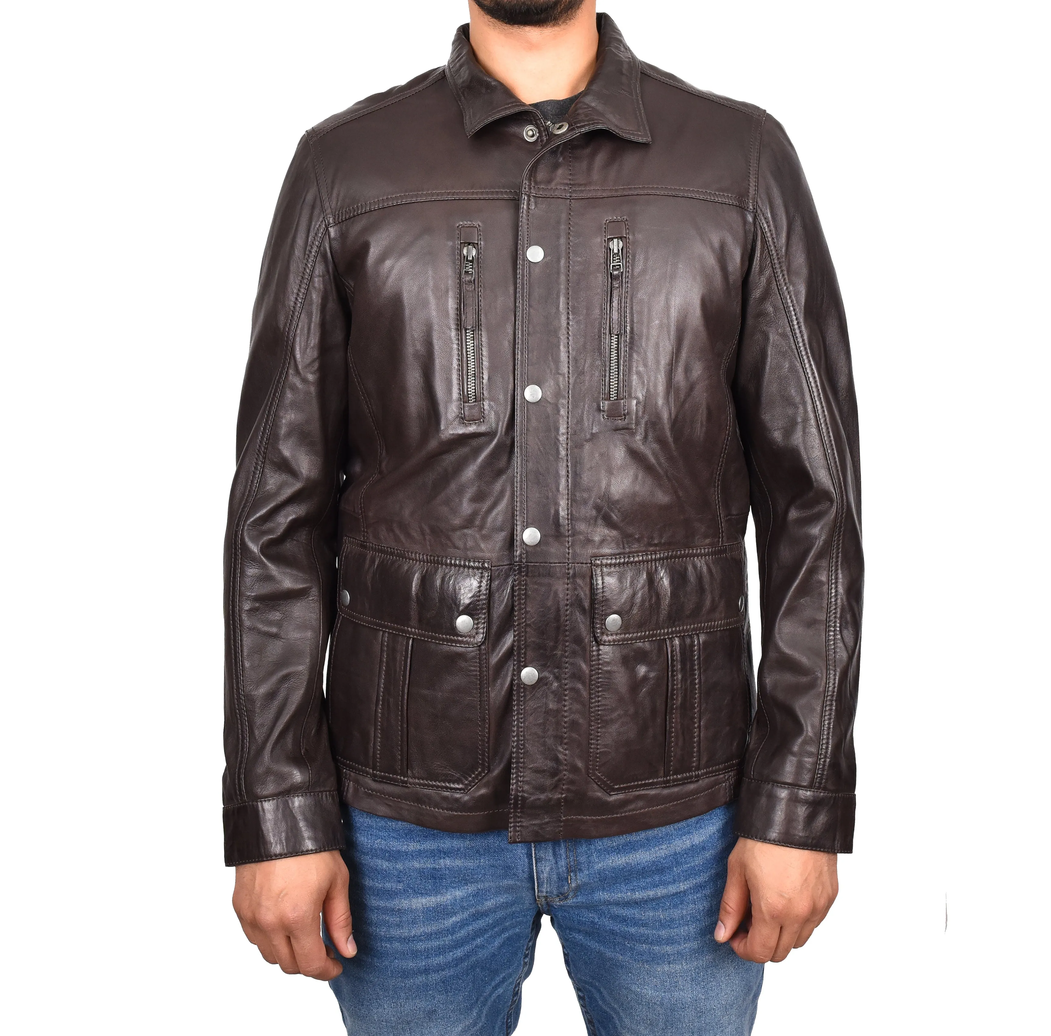 Men’s Leather Safari Style Jacket Gents Hunter Coat Brown Torok