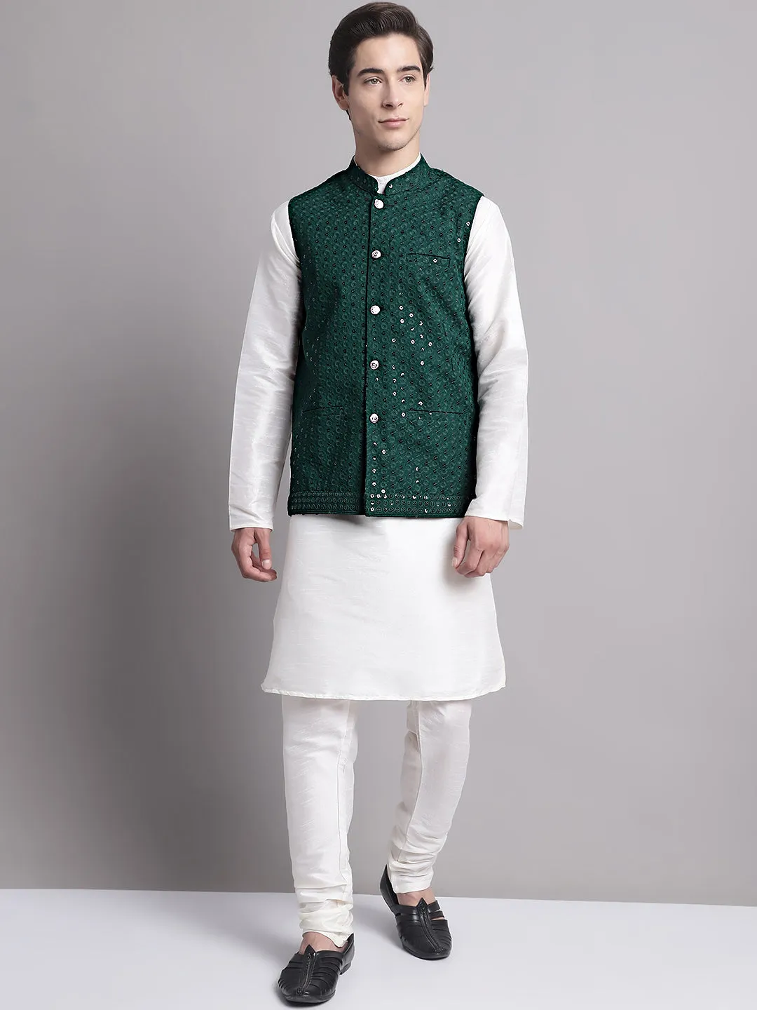 Men'S Olive Green Sequins And Embroidered Nehru Jacket