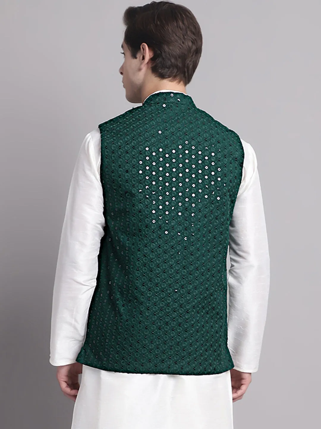 Men'S Olive Green Sequins And Embroidered Nehru Jacket