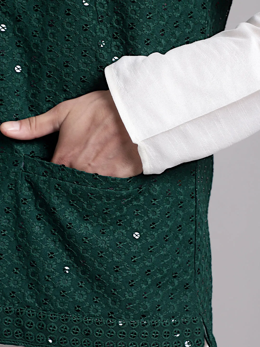 Men'S Olive Green Sequins And Embroidered Nehru Jacket