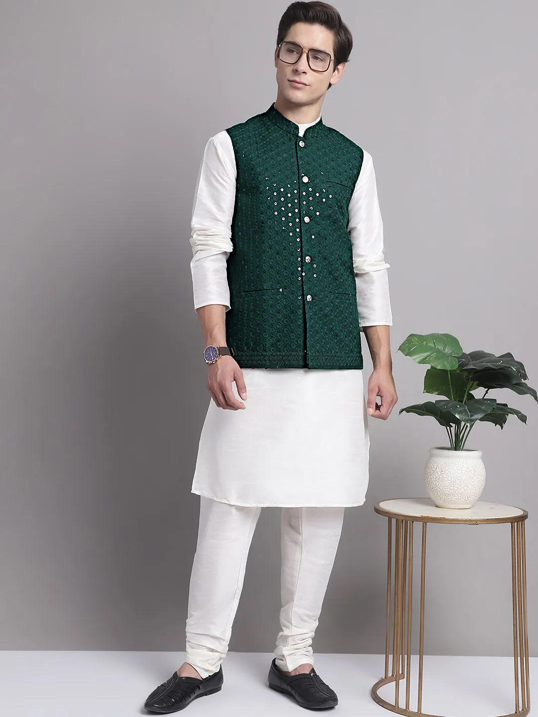 Men'S Olive Green Sequins And Embroidered Nehru Jacket