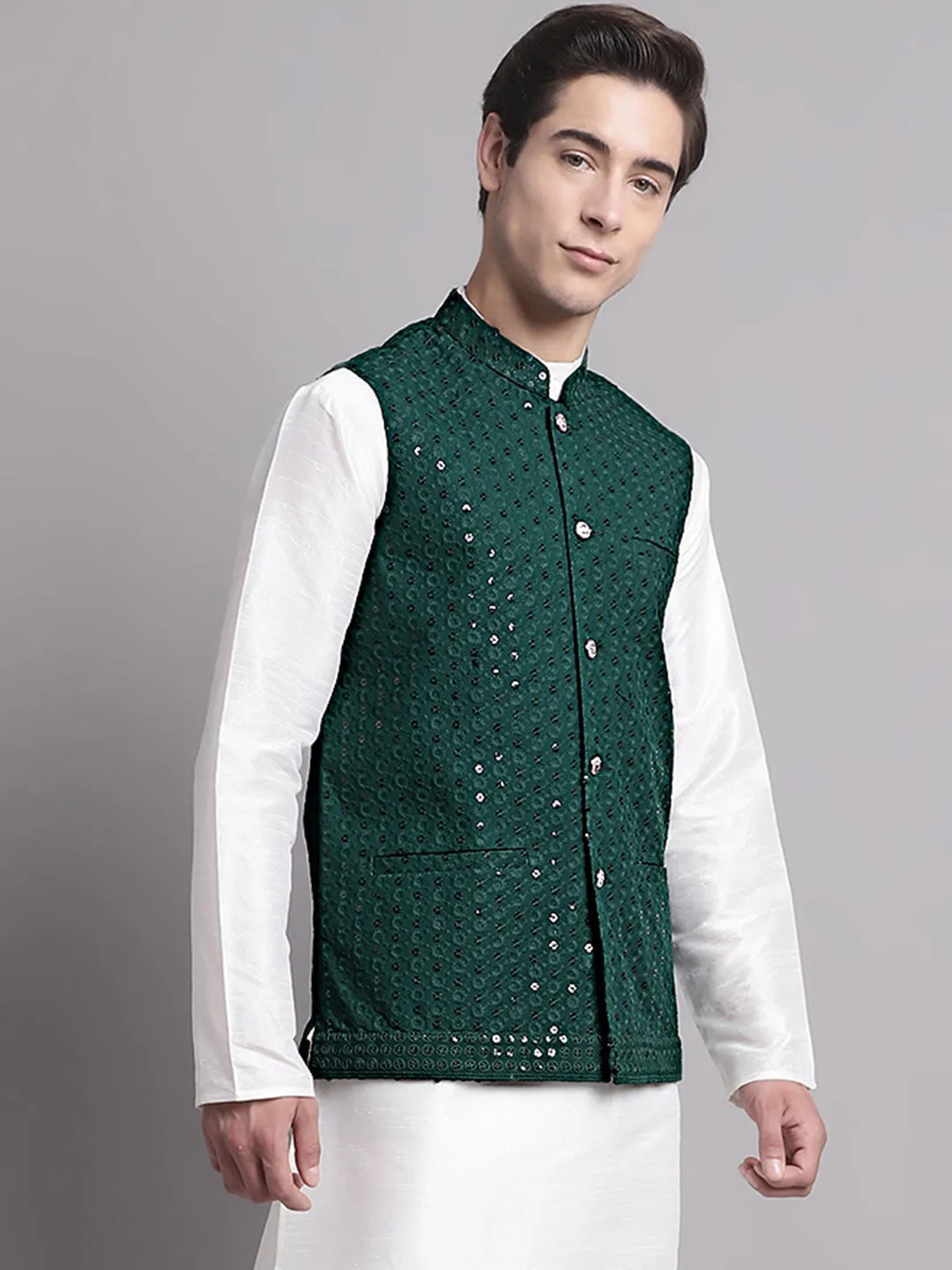 Men'S Olive Green Sequins And Embroidered Nehru Jacket