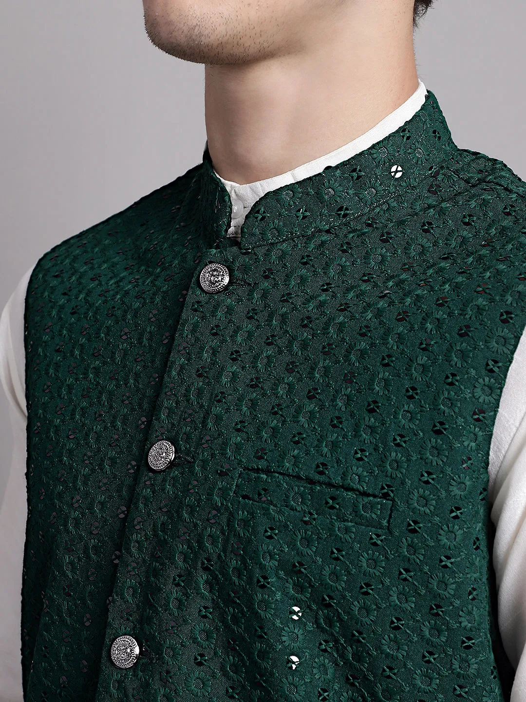 Men'S Olive Green Sequins And Embroidered Nehru Jacket