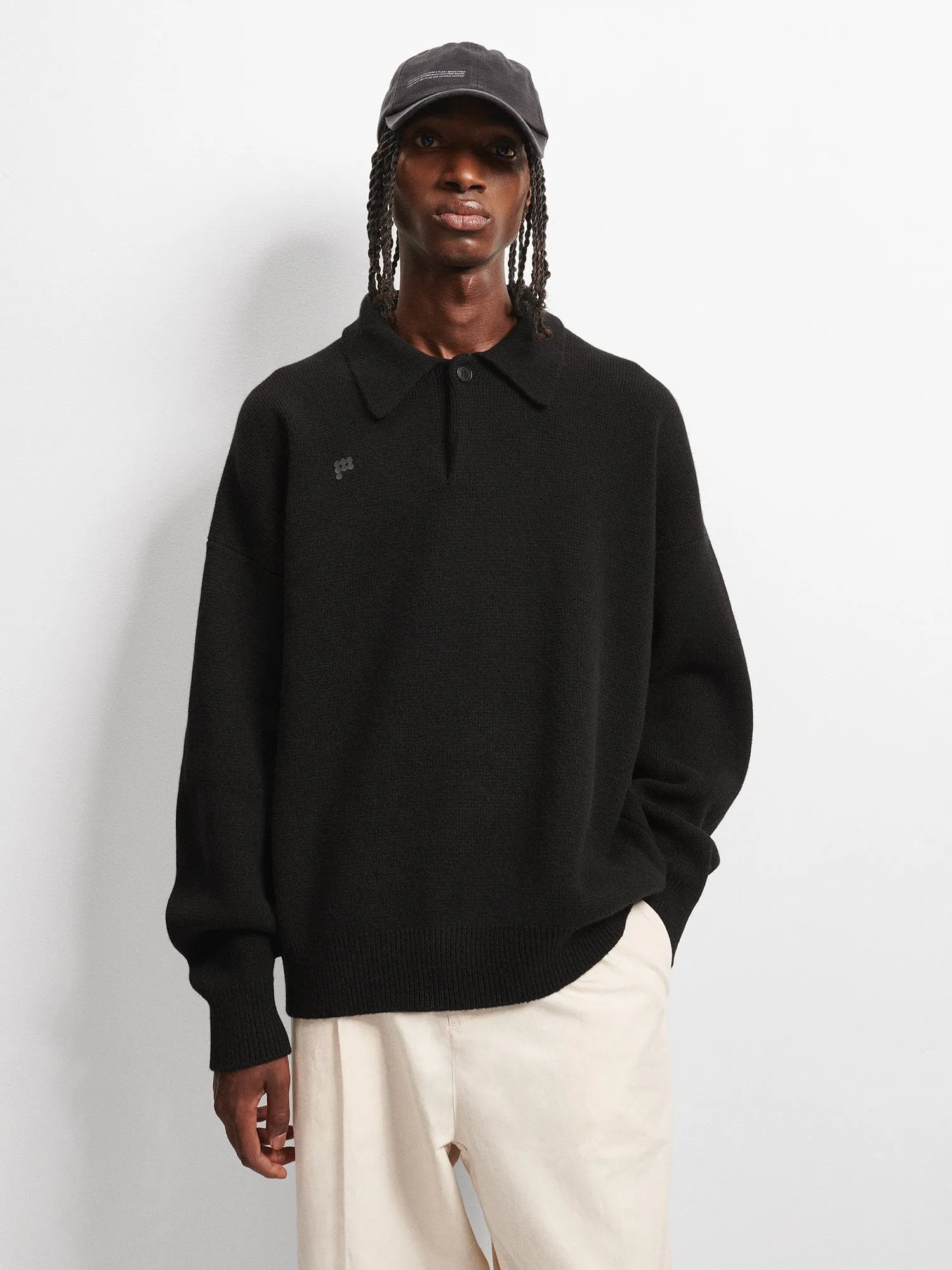 Mens Recycled Cashmere Polo Sweater—black