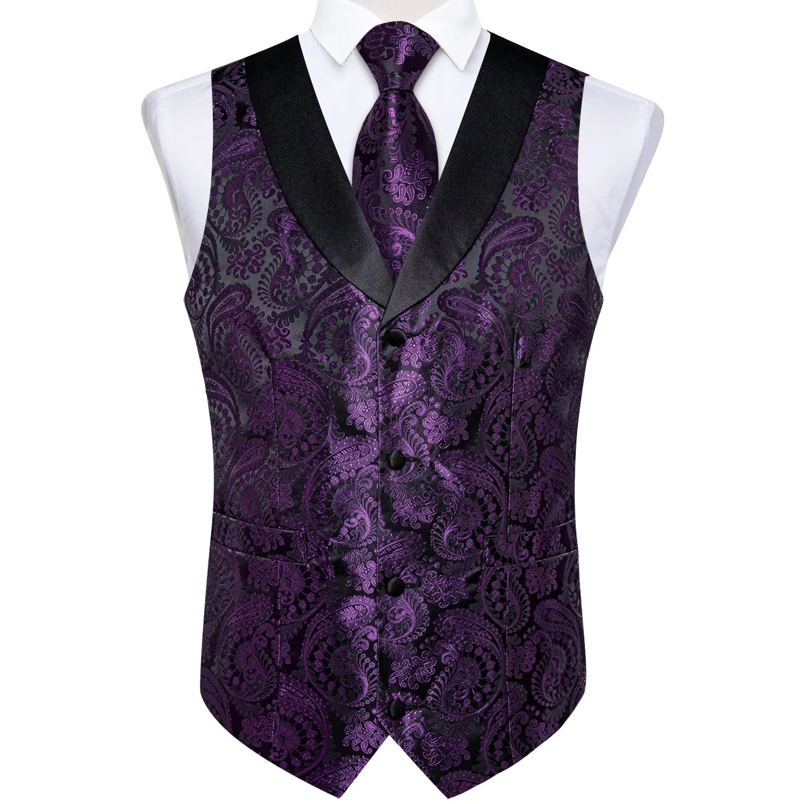 Purple Paisley Black Collar Vest Tie Hanky Cufflinks Set