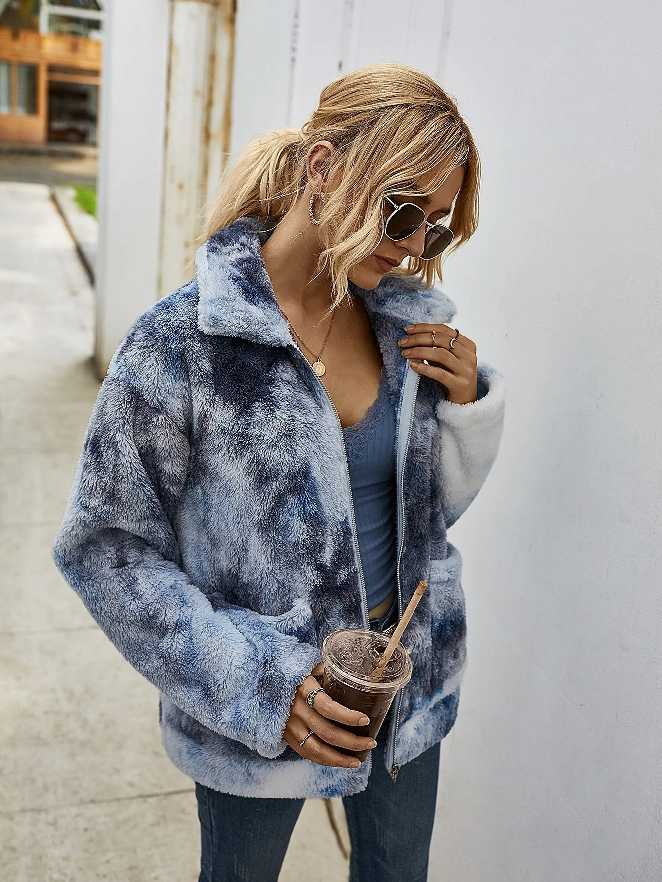 Tie Dye Plüsch Lange Ärmel Jacke
