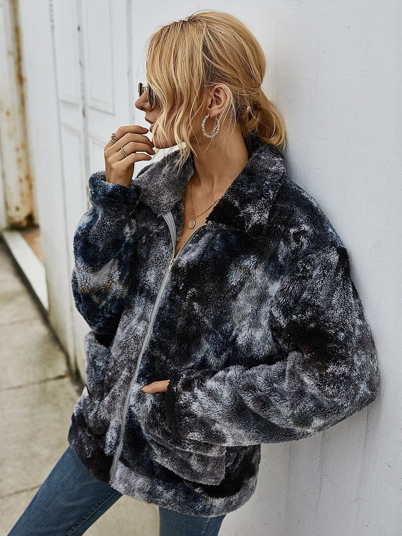 Tie Dye Plüsch Lange Ärmel Jacke
