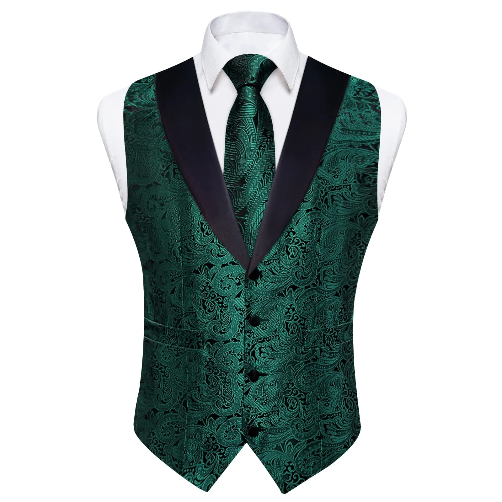 Ties2you Dress Vest Deep Green Black Floral Shawl Collar Silk Mens Waistcoat Tie Set
