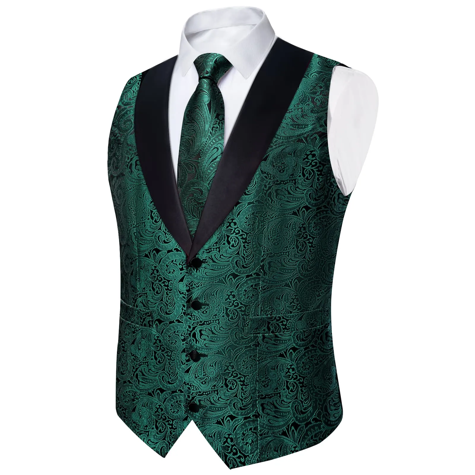 Ties2you Dress Vest Deep Green Black Floral Shawl Collar Silk Mens Waistcoat Tie Set