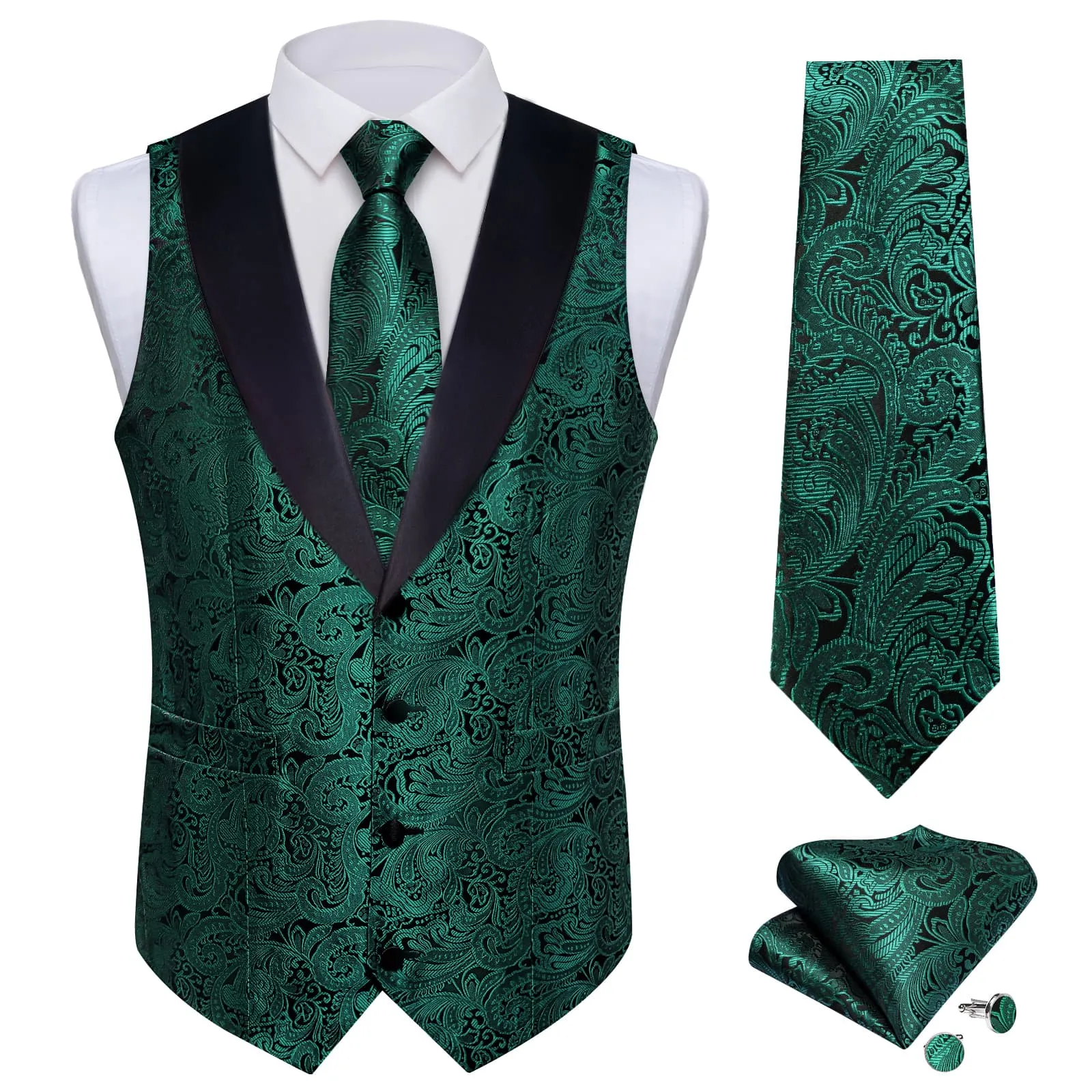 Ties2you Dress Vest Deep Green Black Floral Shawl Collar Silk Mens Waistcoat Tie Set