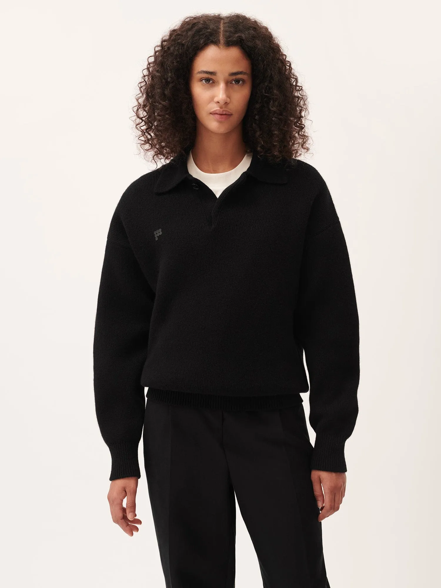 Womens DNA Recycled Cashmere Polo Sweater—black