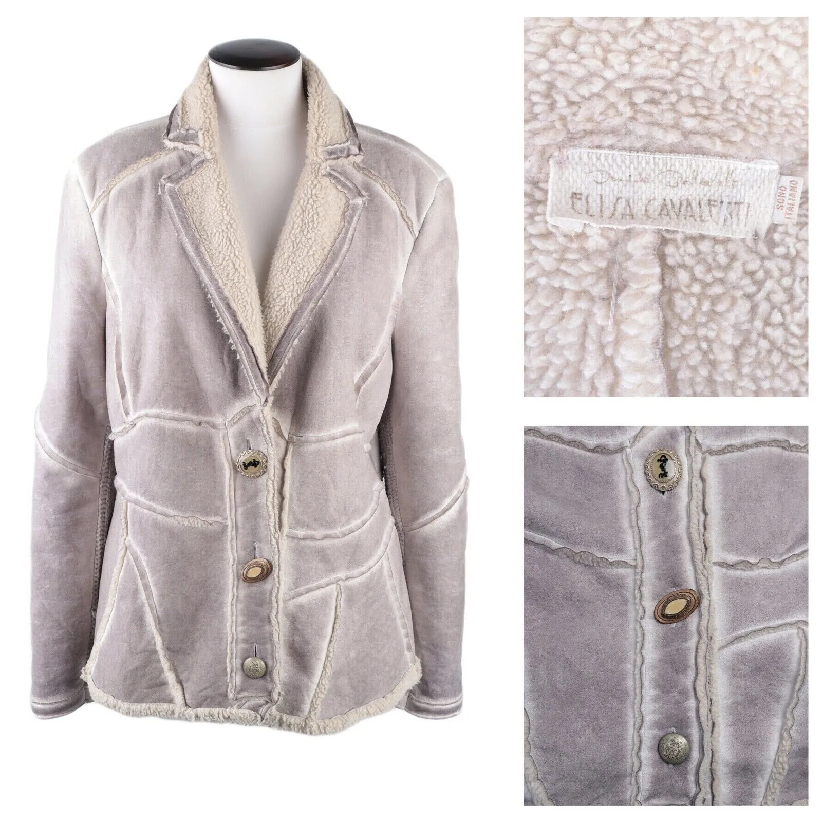 Women's Elisa Cavaletti Grey Cotton Faux Shearling Coat Jacket Size ~ L