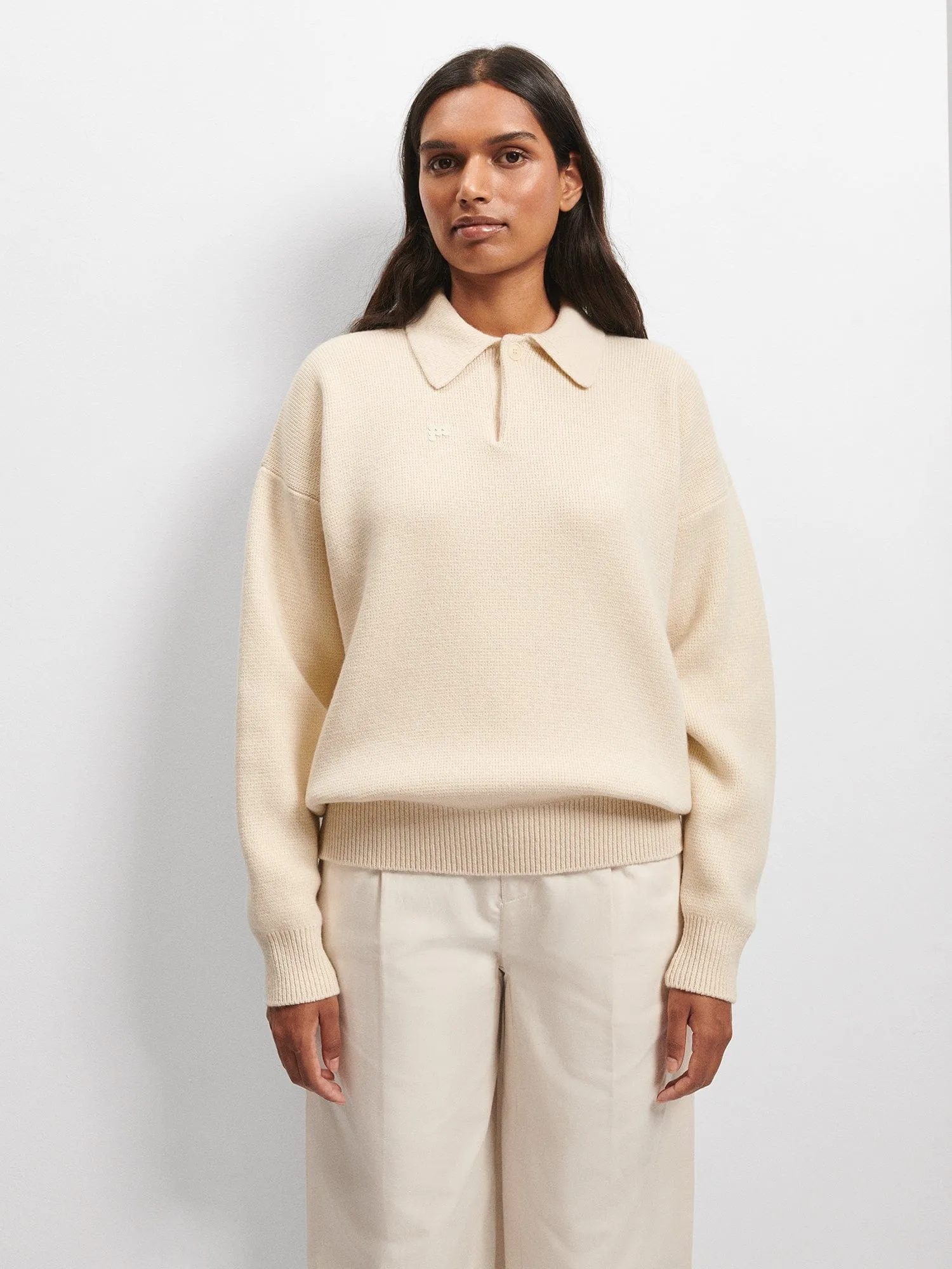 Womens Recycled Cashmere Polo Sweater—ecru ivory