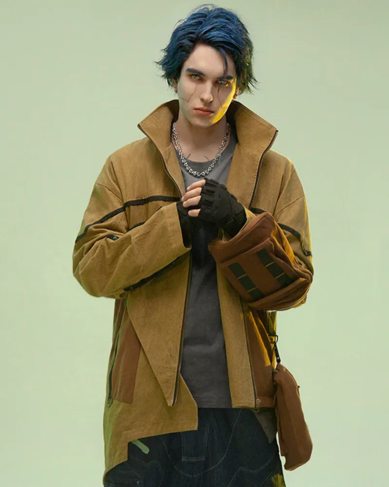 XIPHEVIL Cyberpunk Outfits Sandstone Asymmetrical Jacket