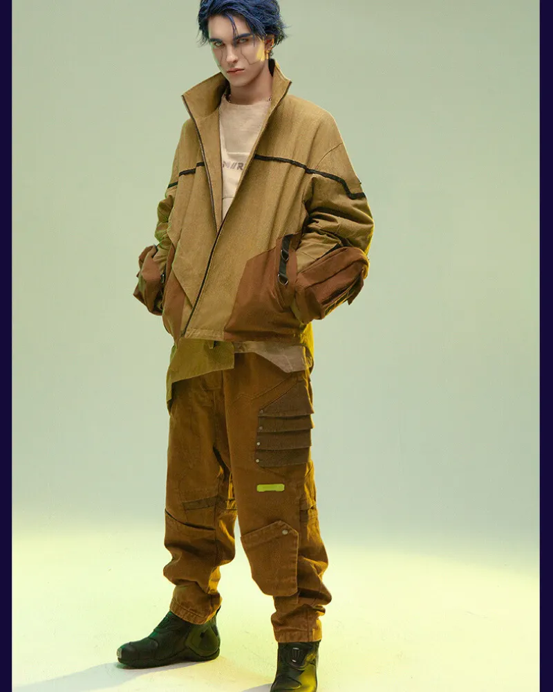 XIPHEVIL Cyberpunk Outfits Sandstone Asymmetrical Jacket