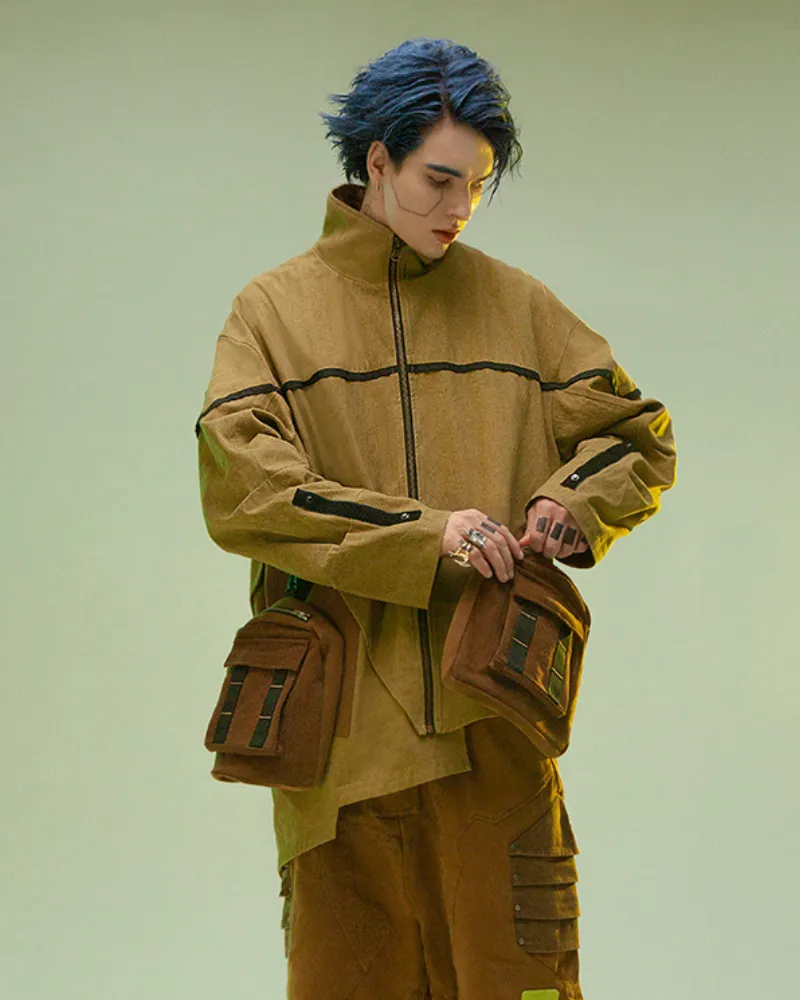 XIPHEVIL Cyberpunk Outfits Sandstone Asymmetrical Jacket