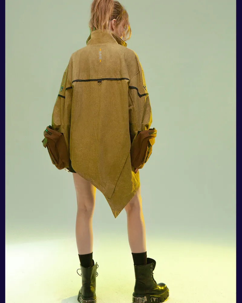 XIPHEVIL Cyberpunk Outfits Sandstone Asymmetrical Jacket