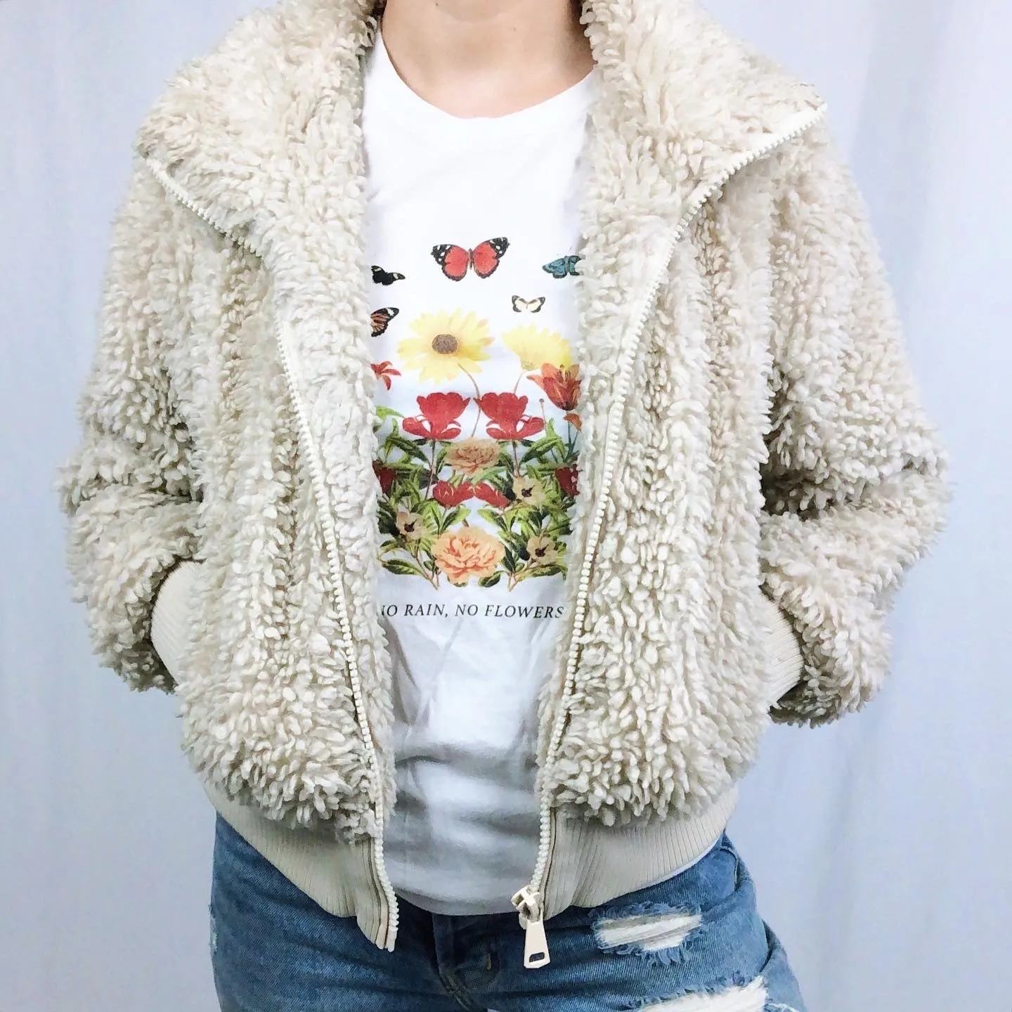 Zara Cream Zip-up Teddy Coat